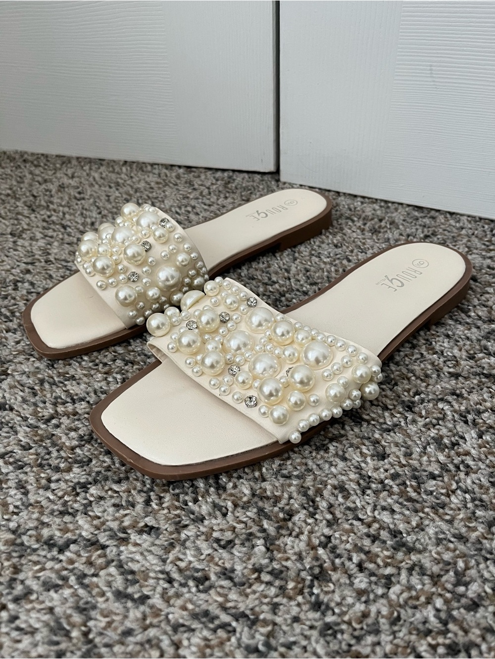 Pearl-Embellished Ivory Slide Sandals Size 10